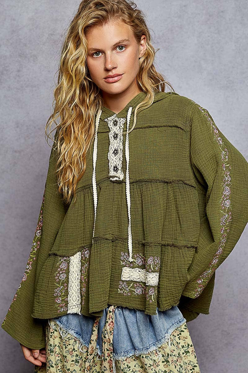 Pol Clothing - Wholesale Hoodie - Women's - Long Sleeve Double Gauze Embroidery Shirring Woven Top24