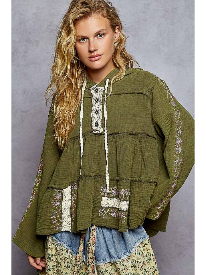 Pol Clothing - Wholesale Hoodie – Women's - Long Sleeve Double Gauze Embroidery Shirring Woven Top24