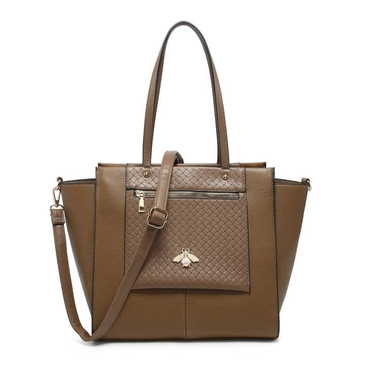 B23032-Bee Badge Zipped Pockets Top Zipped Tote Handbag for wholesale by Papaya Fashion Ltd