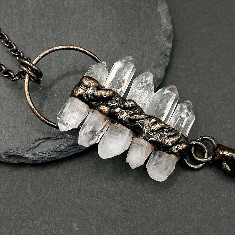 GemMeet – wholesale Pendant/charm necklace – Irregular Clear Quartz Six-Piece Tassel Gemstone Necklace3