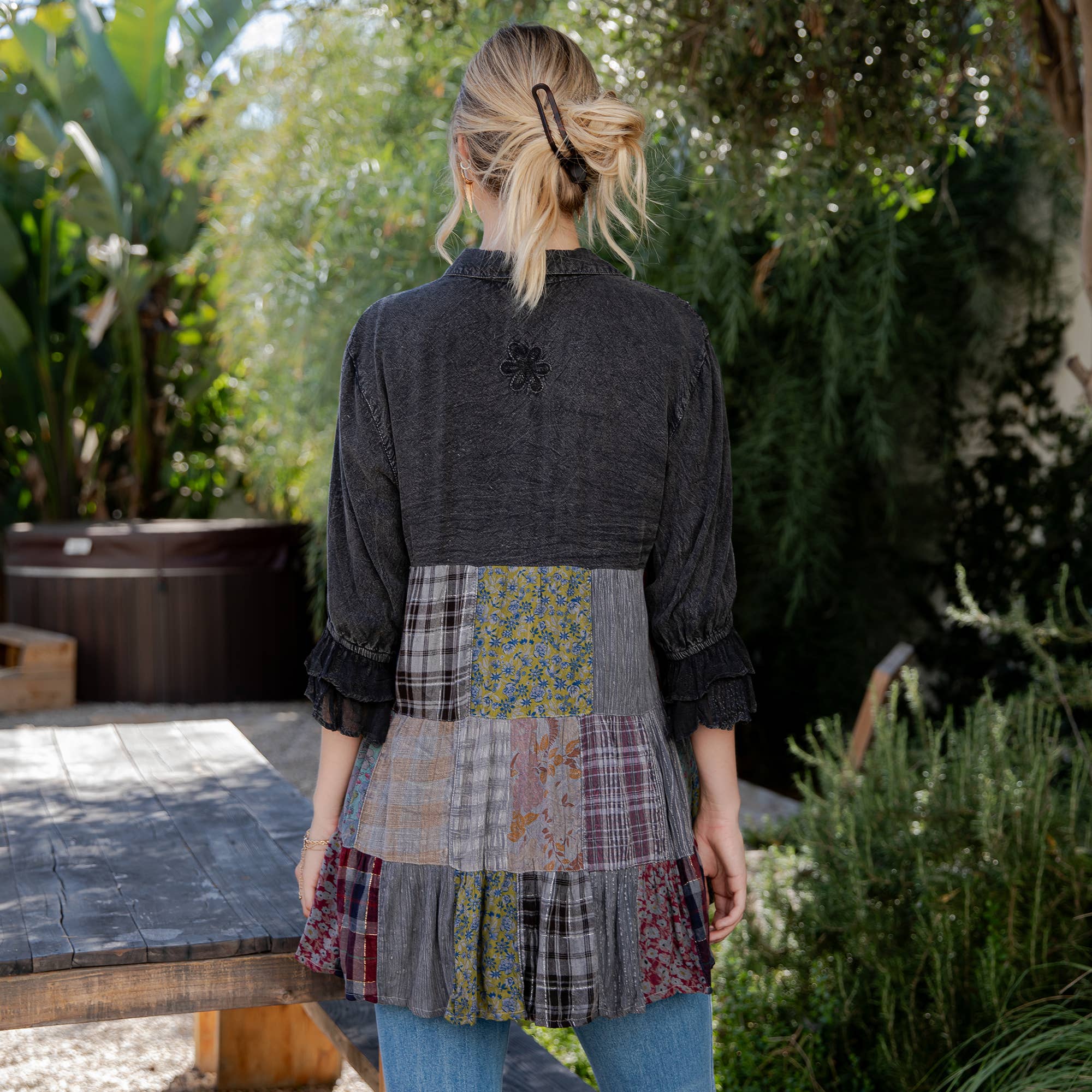 Young Threads - Wholesale Blouse - Women's - Western Denim Yoke Patchwork Tiered Tunic Top (New Color)25