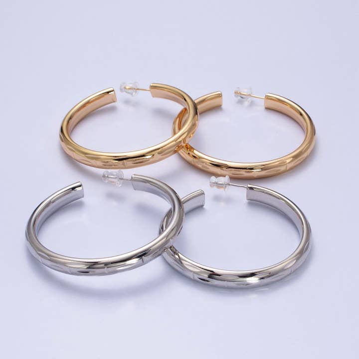 Gold Filled 50mm Dented Edge Line Rounded Hoop Earrings for wholesale by Aim Eternal