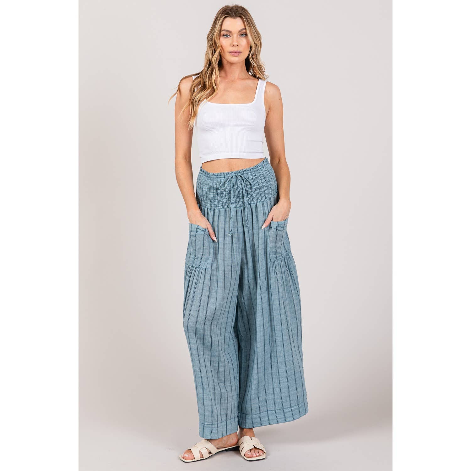 Sage + Fig - Wholesale Pants - Women's - STRIPED SMOCKED BOHO COTTON GAUZE PANTS (SP7105-A)16