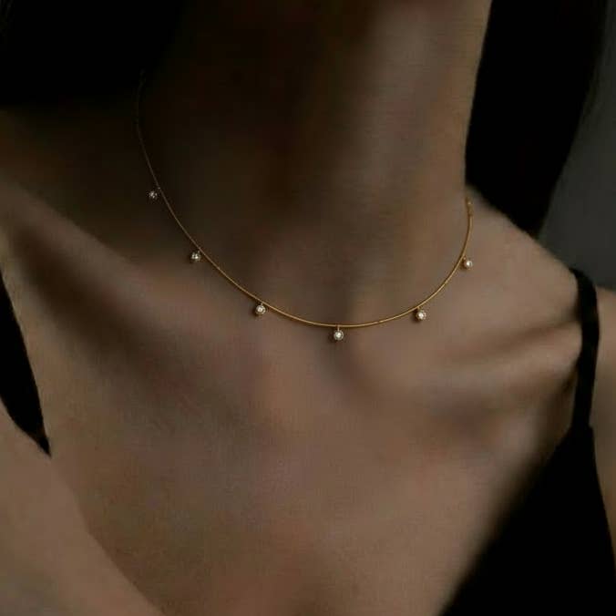 Fine CZ Drop Necklace 18k Gold Waterproof Layering for wholesale by Gold Lunar