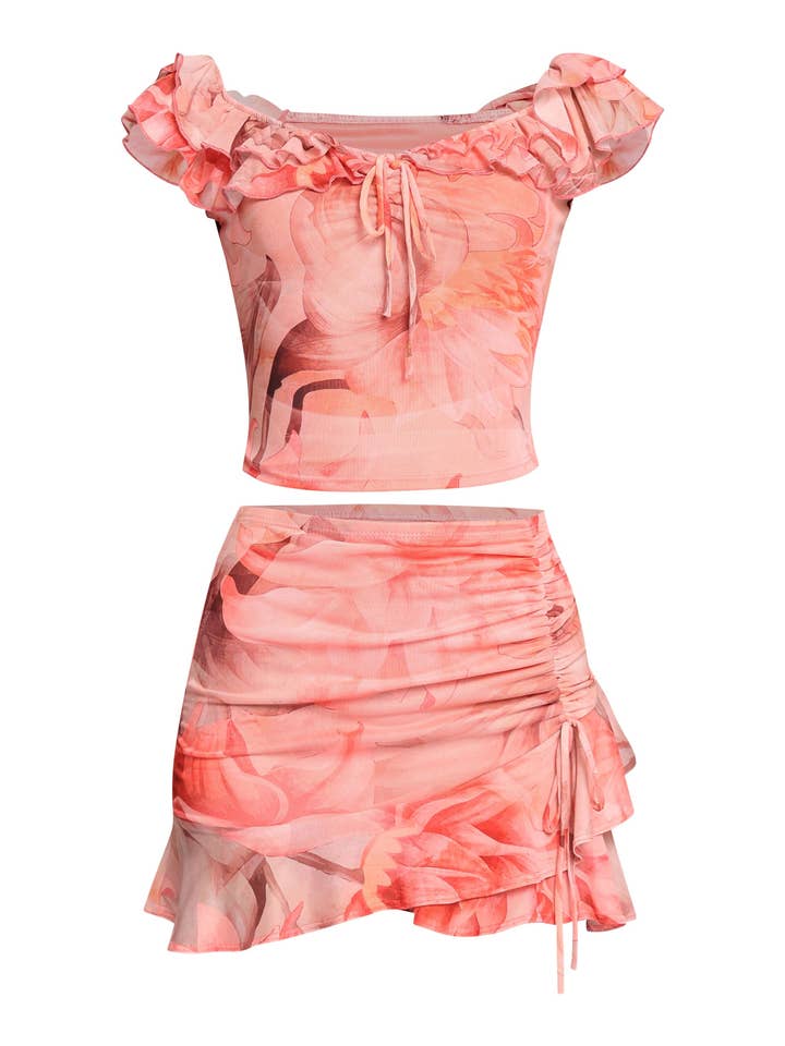 Mesh ruffled off shoulder top and mini skirt set for wholesale by Viviara