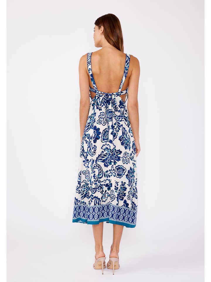 Vanilla Navy Blue Printed Tie Back Sleeveless Midi Dress for wholesale on Faire