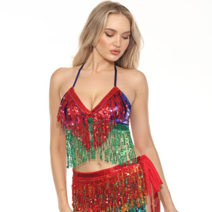 3051RNB - Red, blue, green fringe bra top-Rainbow-OS for wholesale by Western Fashion