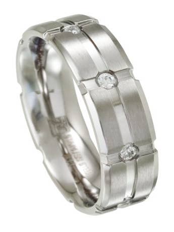 Mens Grooved Stainless Steel Wedding Band with 8 CZs | 7mm for wholesale by Just Mens Rings