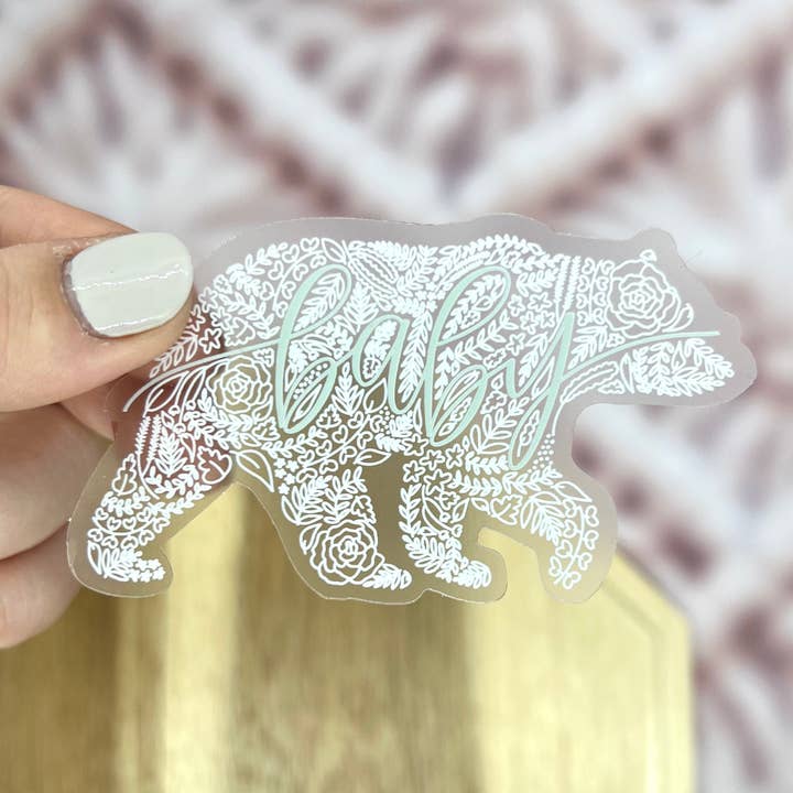 Nolie Co - Wholesale Sticker - Clear Baby Bear Floral Sticker. Weatherproof Sticker. Vinyl Matte Sticker.