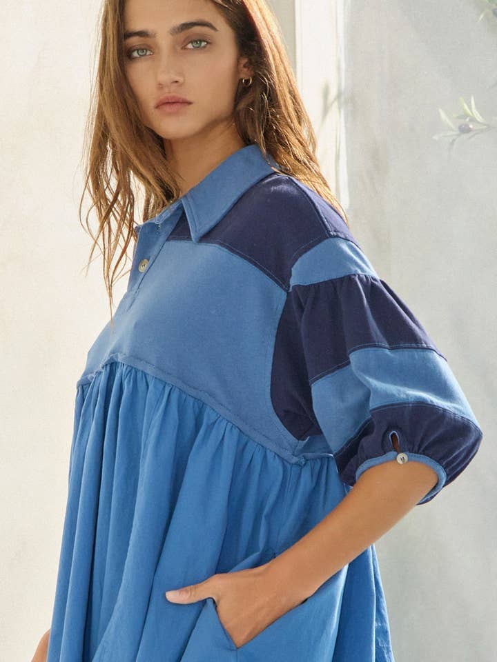 Denim blue ID4301 Billowy Shapeless Silhouette Rugby Mini Dress for wholesale on Faire