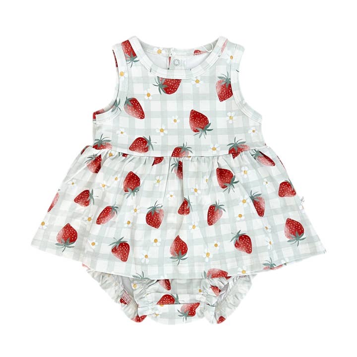 Organic Cotton Sleeveless Peplum Top & Bloomer Set | Strawberries for wholesale by Emi Lei