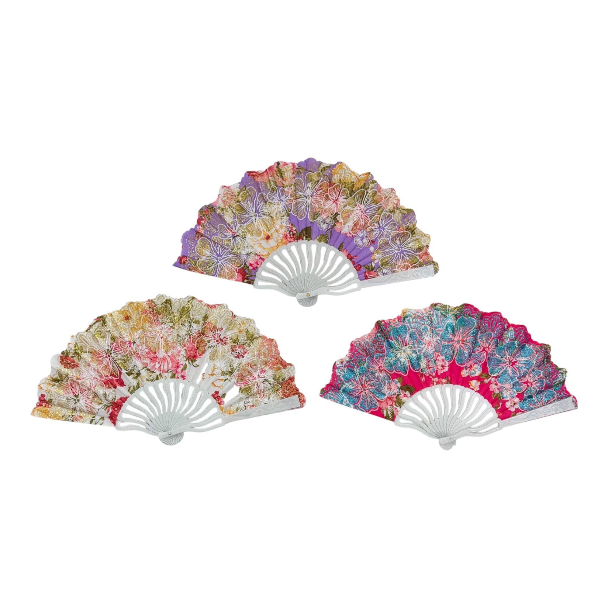 ASSORTED Glitter Flower Hand Held Folding Fan FN0449 (12PC) for wholesale on Faire3