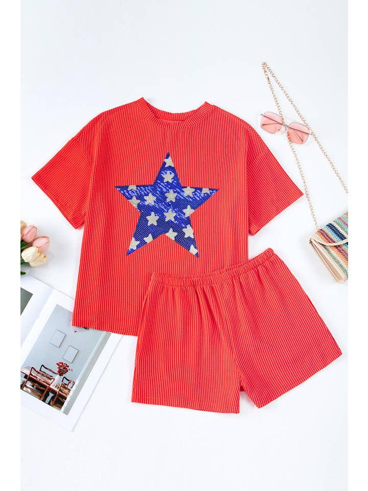 As shown Sequined July 4th Star Corded Pajamas Set | S-2XL for wholesale on Faire