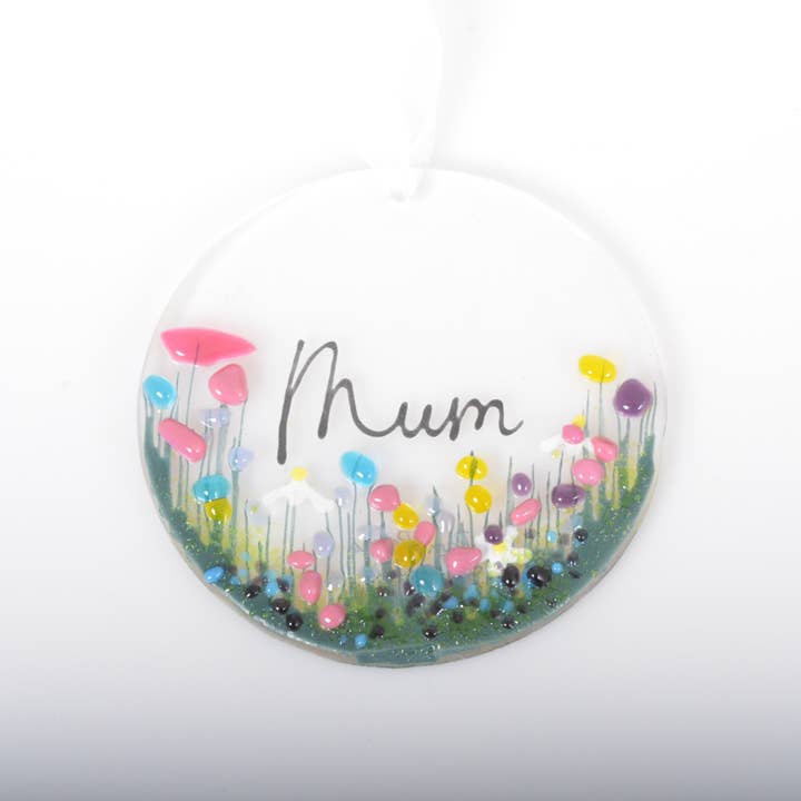 Handmade Fused Glass Hanging Decoration - 'Mum' for wholesale by Pam Peters Designs