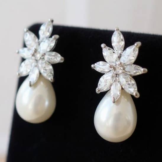 CZ COLLECTION -GRACEFUL PEARL EARRINGS - CZER511 SILVER for wholesale by Athena Bridal Jewellery