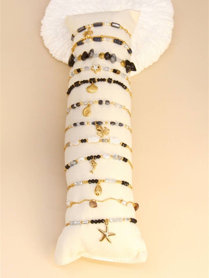 Lot de 12 Bracelets Acier Noir et Doré avec Présentoir pour la vente par BELLISSIMA BIJOUX