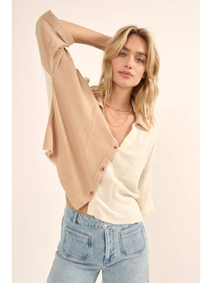 Promesa USA - Vente Chemise à col boutonné – femme - Chemise à ourlet brut en coton froissé à blocs de couleurs22