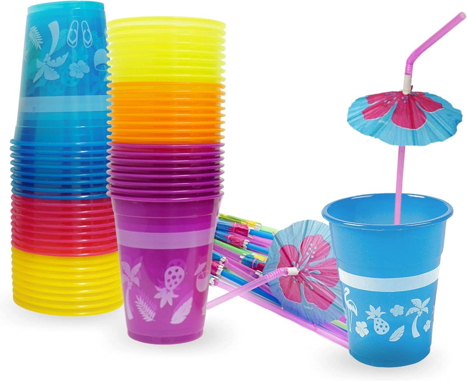 4E's Novelty - Vente Gobelets jetables - Lot de 48 gobelets tropicaux de fête 4E's Novelty avec pailles parasol – Ensemble de vaisselle de boisson hawaïenne vibrante0