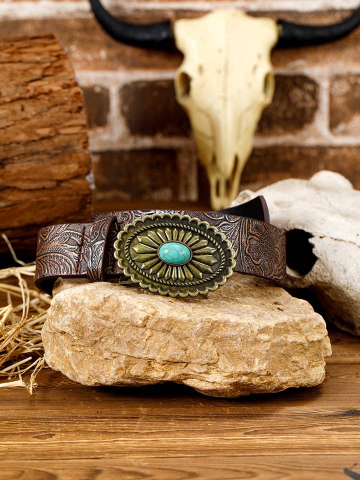 Ceinture en cuir synthétique gaufré décorative turquoise rétro pour la vente par 1 the Woman