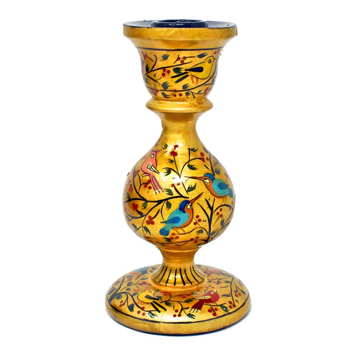 Portavelas de Madera Pintado a Mano Kashmiri Pájaros Dorados para venta al por mayor de Fair to Trade Ltd