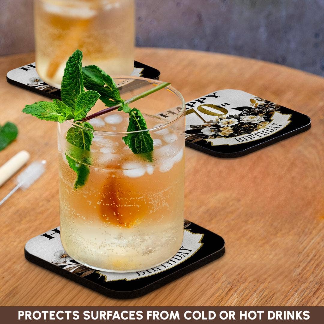 3dRose - Wholesale Coasters - 3dRose, Elegant Black and Image Of Gold Flowers Happy 70th Birthday, Coaster9