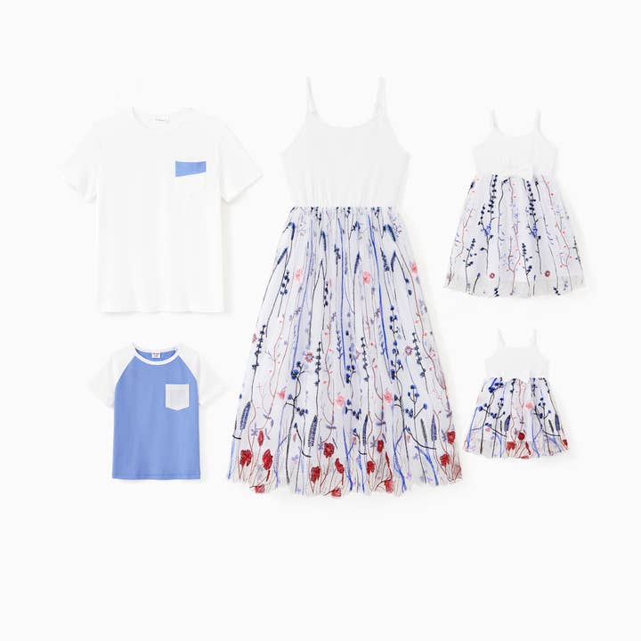 T-shirt abbinata alla famiglia con maniche raglan o abito in tulle ricamato per la vendita all'ingrosso da parte di PatPat Matching