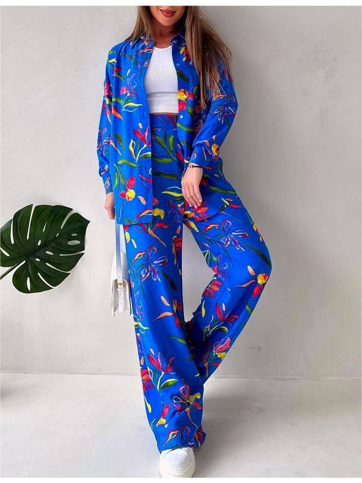 Stylish blue plant print shirt wide-leg pants casual set for wholesale on Faire