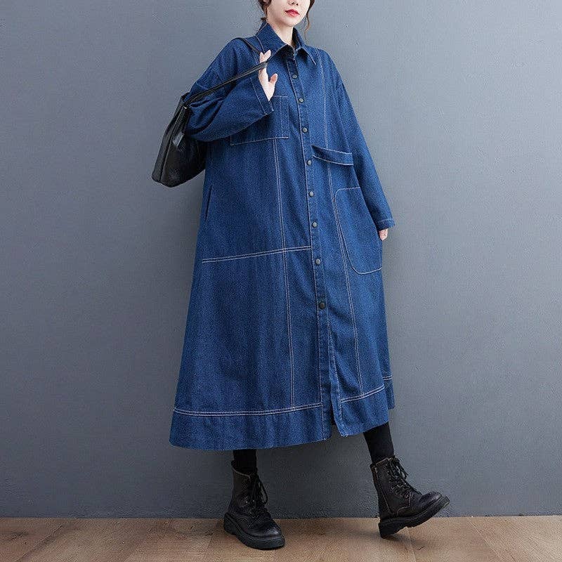 OceanusSwim - Wholesale Trench Coat - Women's - Color Block Long Denim Trench Coat3