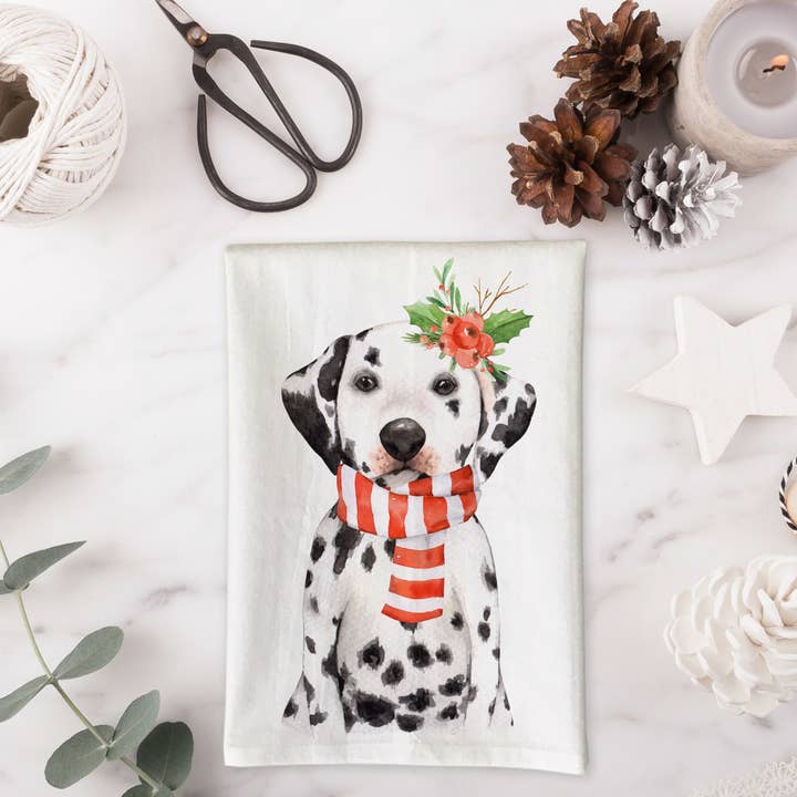 Watercolor Christmas Dalmatian Kitchen Towel for wholesale by Love You a Latte Shop