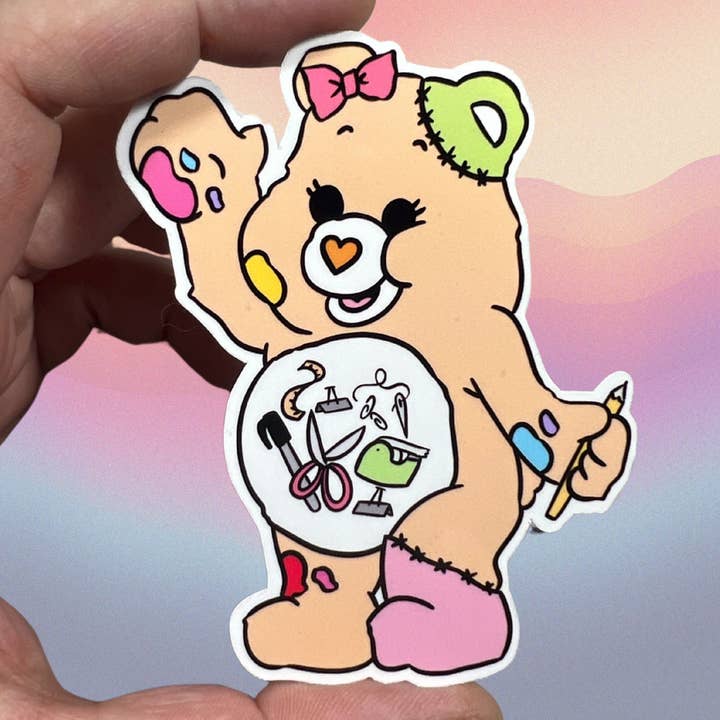 Crafty Care Bear Glossy Vinyl Water Resistant Sticker for wholesale by familiar sadie