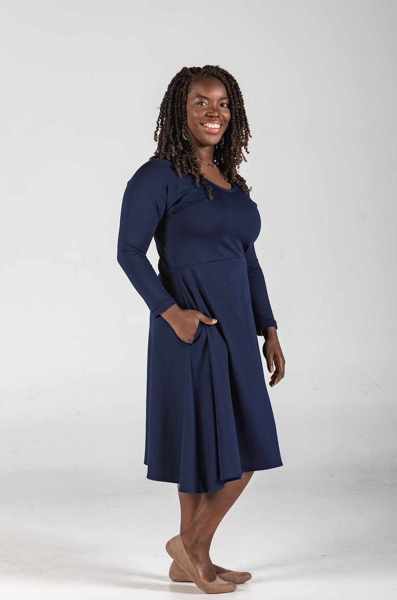 Knieriem Designs - Wholesale Dress - Women's - Long Raglan Sleeve Ponte Dress with Pockets and Full Skirt2