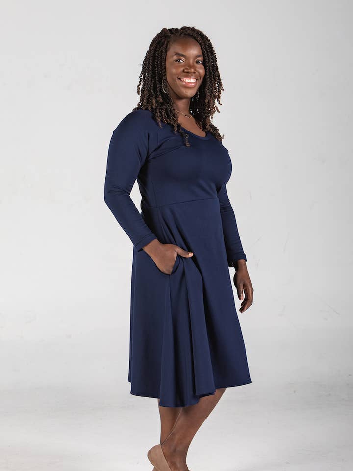 Knieriem Designs - Wholesale Dress - Women's - Long Raglan Sleeve Ponte Dress with Pockets and Full Skirt2
