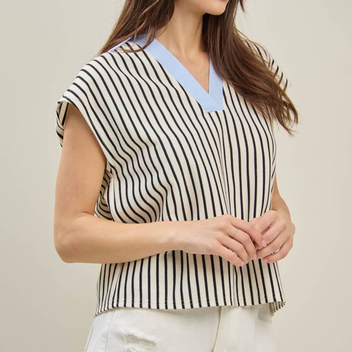 IVORY BLUE Striped top with contrast collar for wholesale on Faire