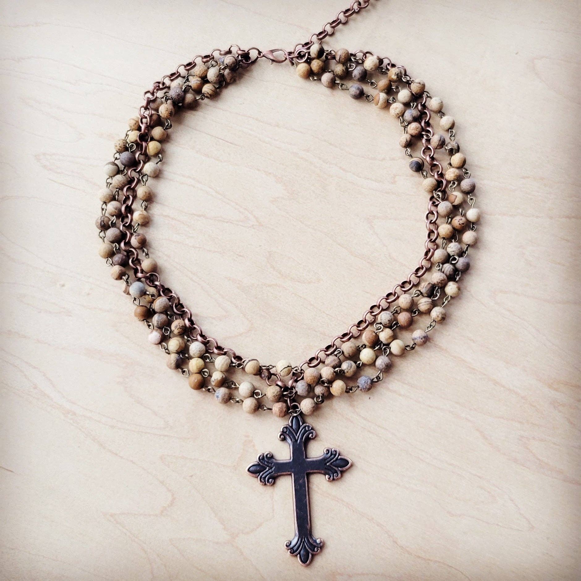 The Jewelry Junkie - Wholesale Pendant/Charm Necklace - Picture Jasper Beaded Collar Necklace w/ Cross Pendant 261b1