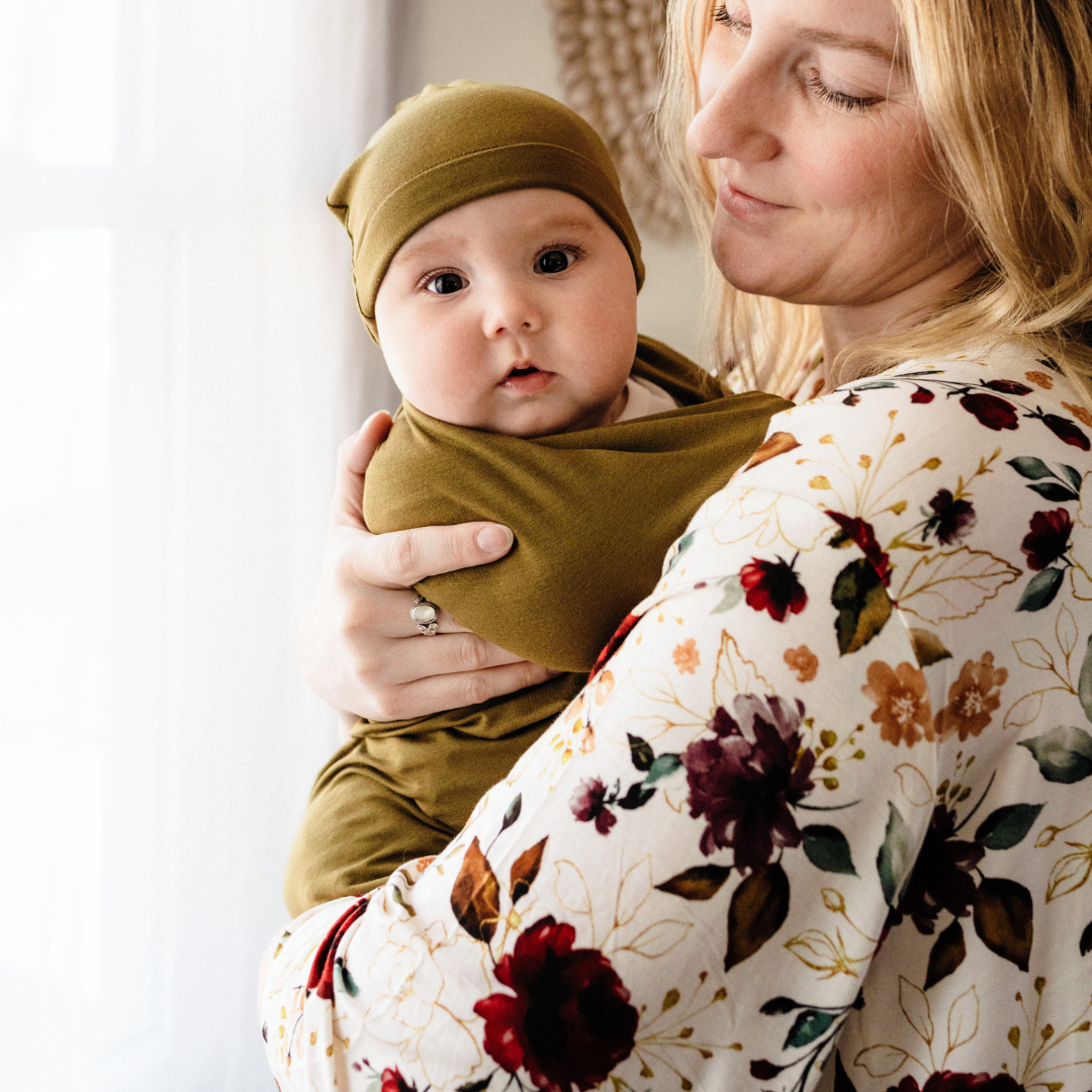 HAHA MAMA Clothing - Wholesale Dress - Maternity - Red Rose Maternity Delivery Gown & Olive Green Swaddle1