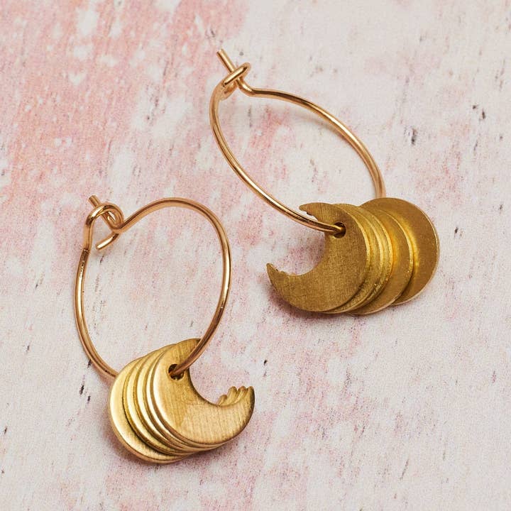 Gold Plated Hoop Earring with Brass Moon Charms for wholesale by Botanique Workshop