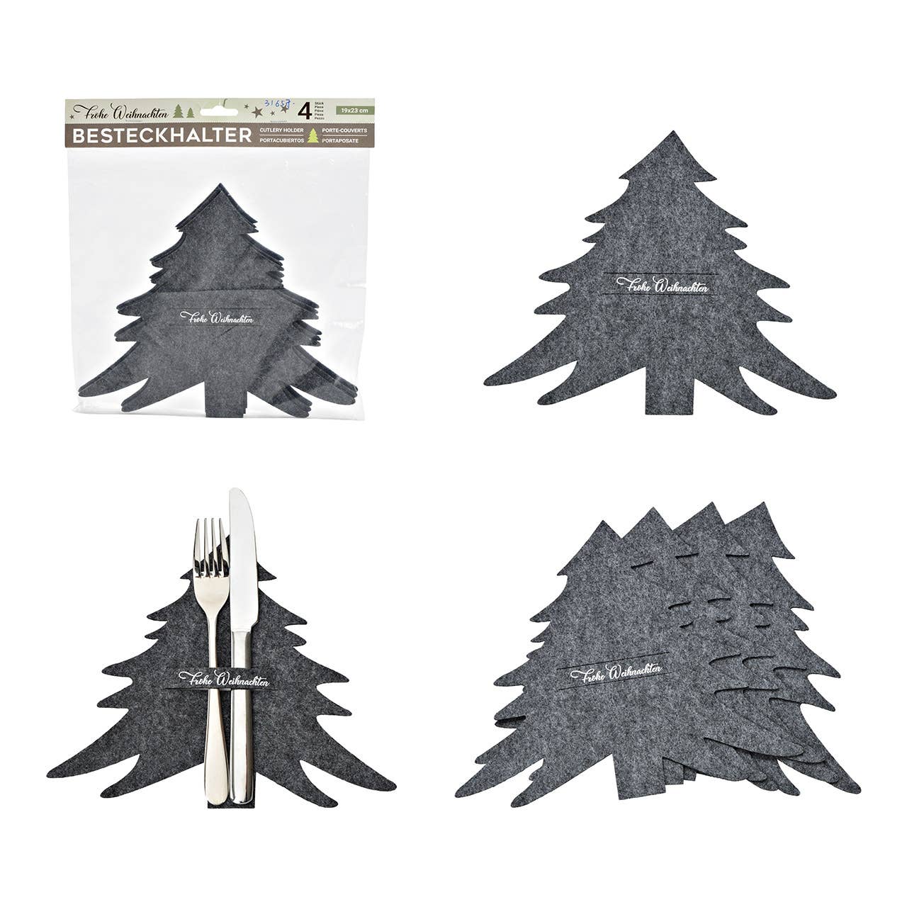 Wurm - Wholesale Assorted Cutlery Set - Cutlery Holder Tree "Merry Christmas" made of Felt, Set of 4, Gray (W/H) 19x23cm0