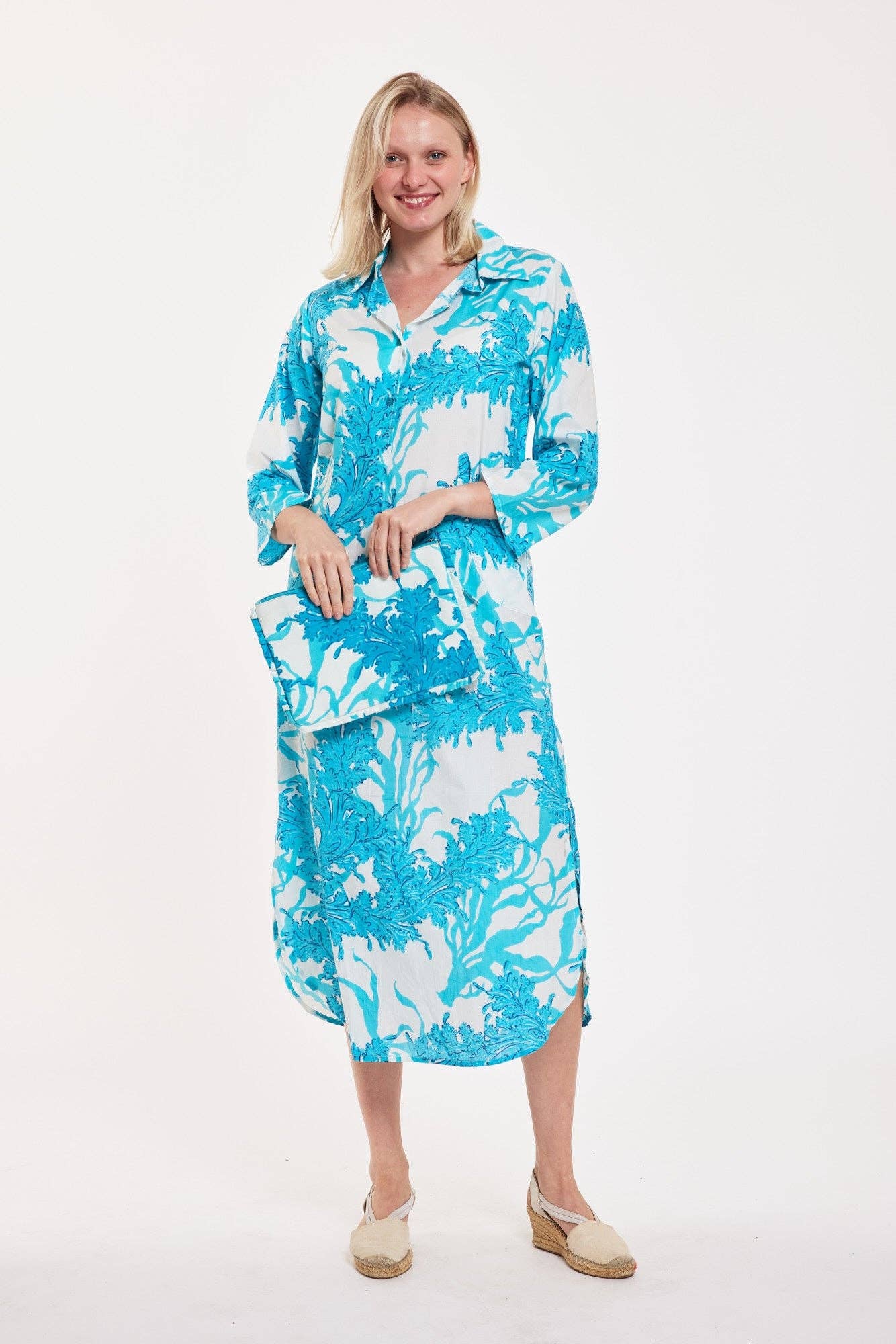 ModaPosa - Wholesale Dress - Women's - Gabriella Maxi Caftan Shirt Dress Big Coral White Blue1