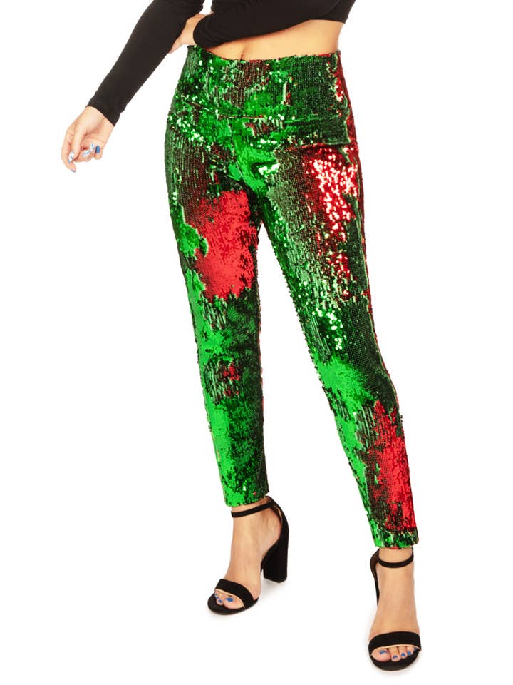 Tipsy Elves – wholesale Fashion leggings – Women's – Red and Green Reversible Sequin High Waisted Leggings