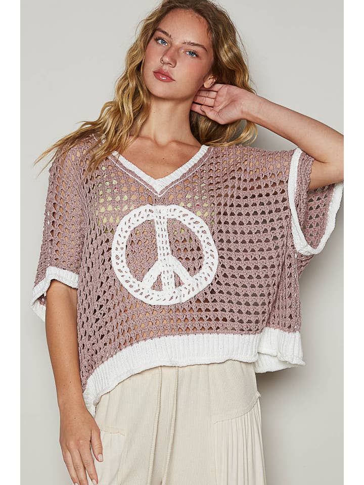 Pol Clothing - Wholesale Knit Sweater - Women's - Oversize v-neck short sleeve peace sign sweater SALE