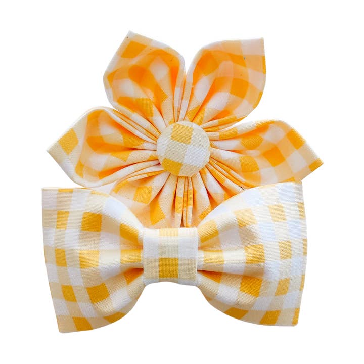 Yellow Gingham Dog Bow tie and Collar Flower for wholesale by Charlotte's Pet