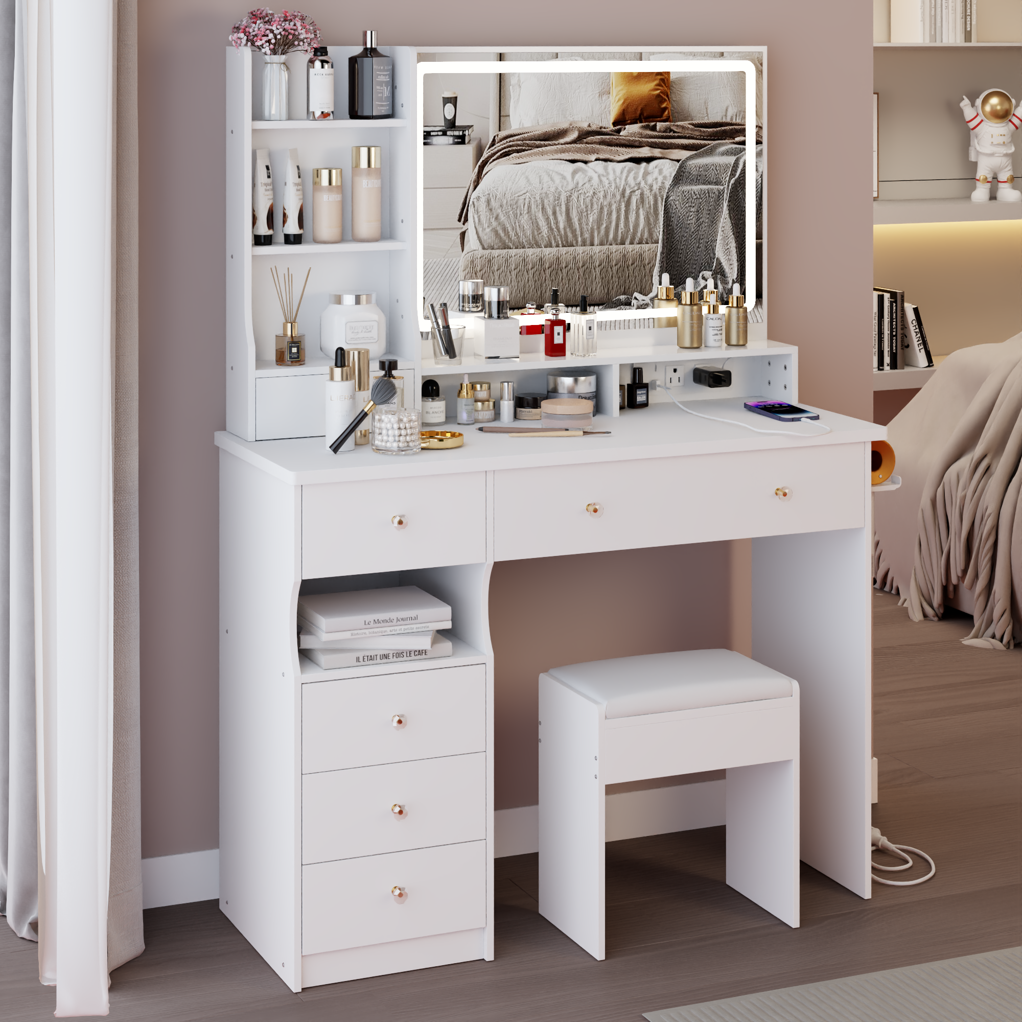 39F Inc. - Vente Miroir de courtoisie - Ensemble de coiffeuse blanche de 41'' avec station d'alimentation et miroir LED2