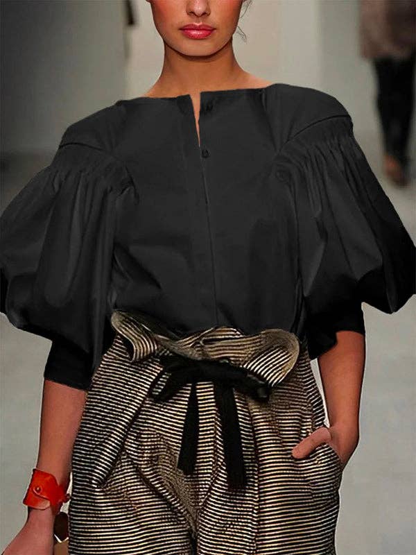 FurDecoration - Wholesale Blouse - Women's - Buttoned Puff Sleeve Solid Color Blouse