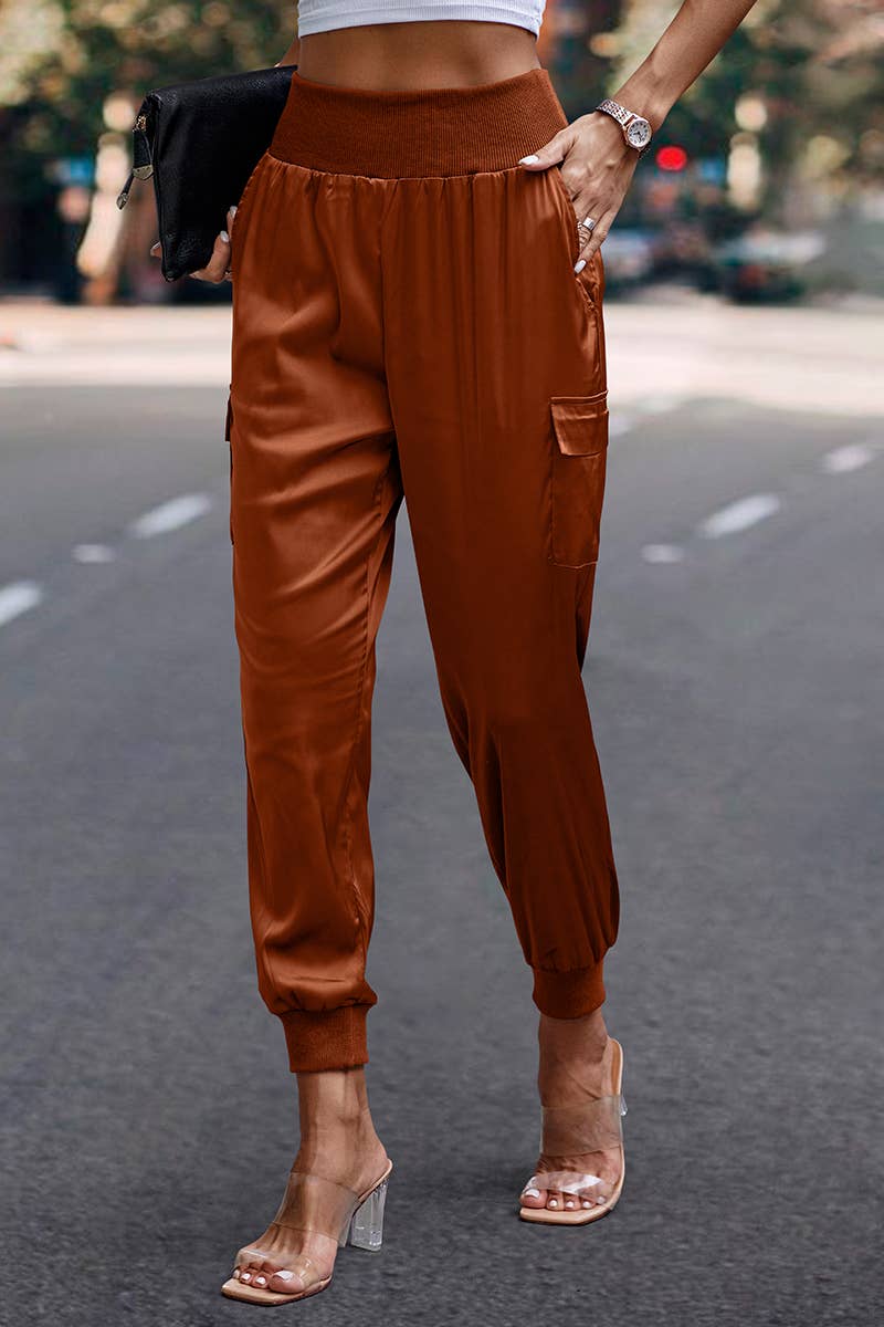 Elings - Wholesale Pants - Women's - High Waist Long Pant Trousers With Pocket Satin Jogger Pants2