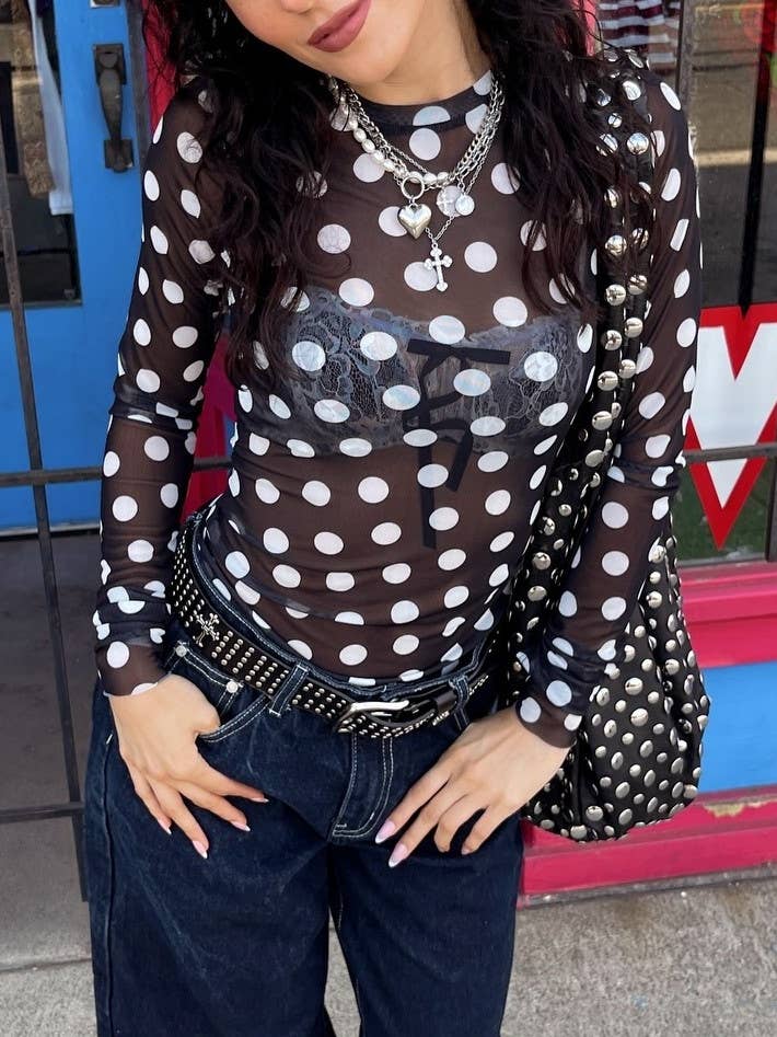 Fashion Polka Dot Sheer Mesh Top for wholesale by Rosa Clothing