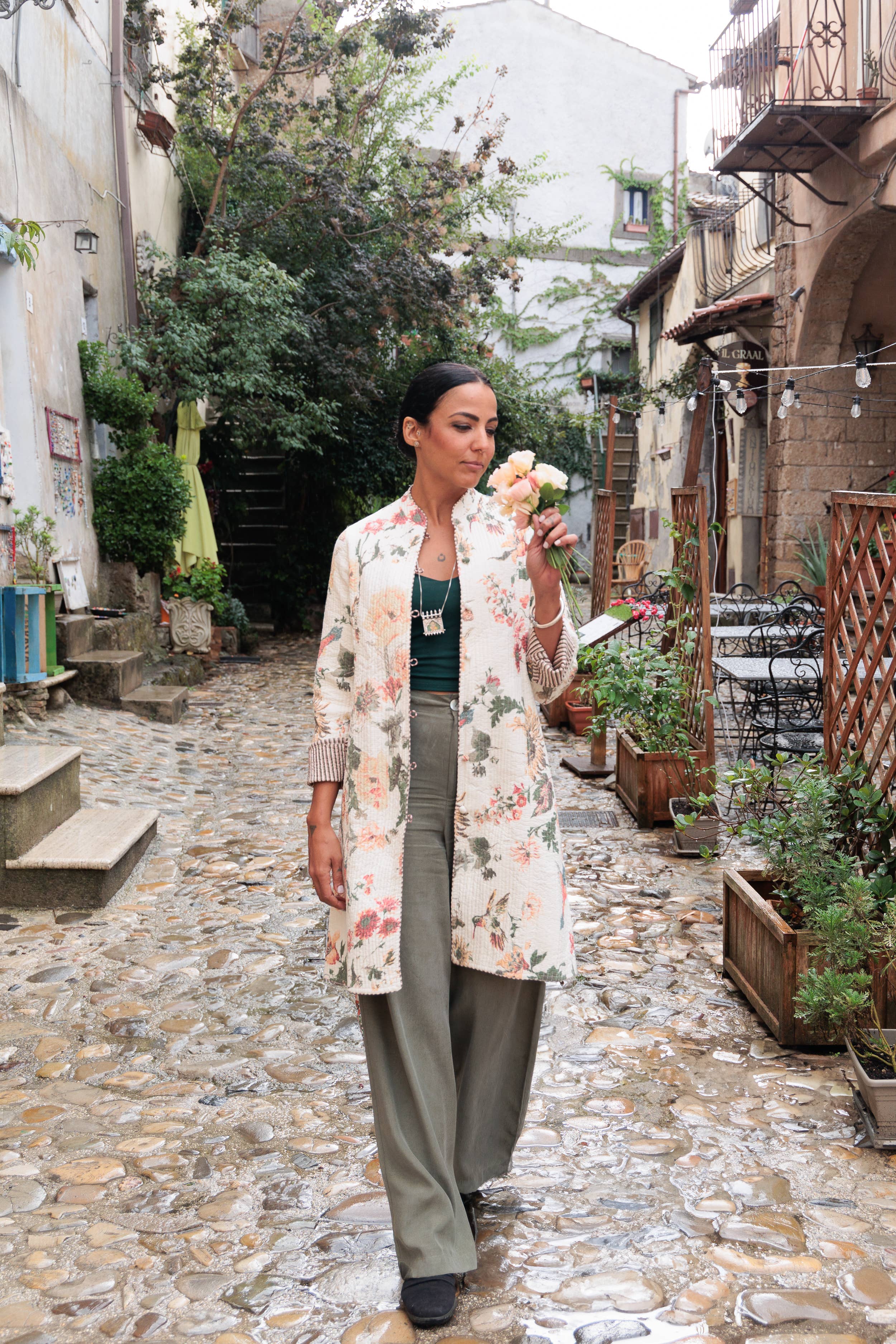 Devi Shop - Wholesale Coat - Women's - Midi Quilted Daya Coat ~ Blooms White1