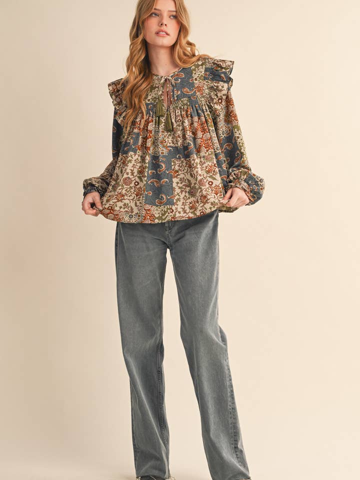 &MERCI - Wholesale Blouse - Women's - PATCHWORK PRINT SMOCKED RUFFLE BLOUSE MTP435027