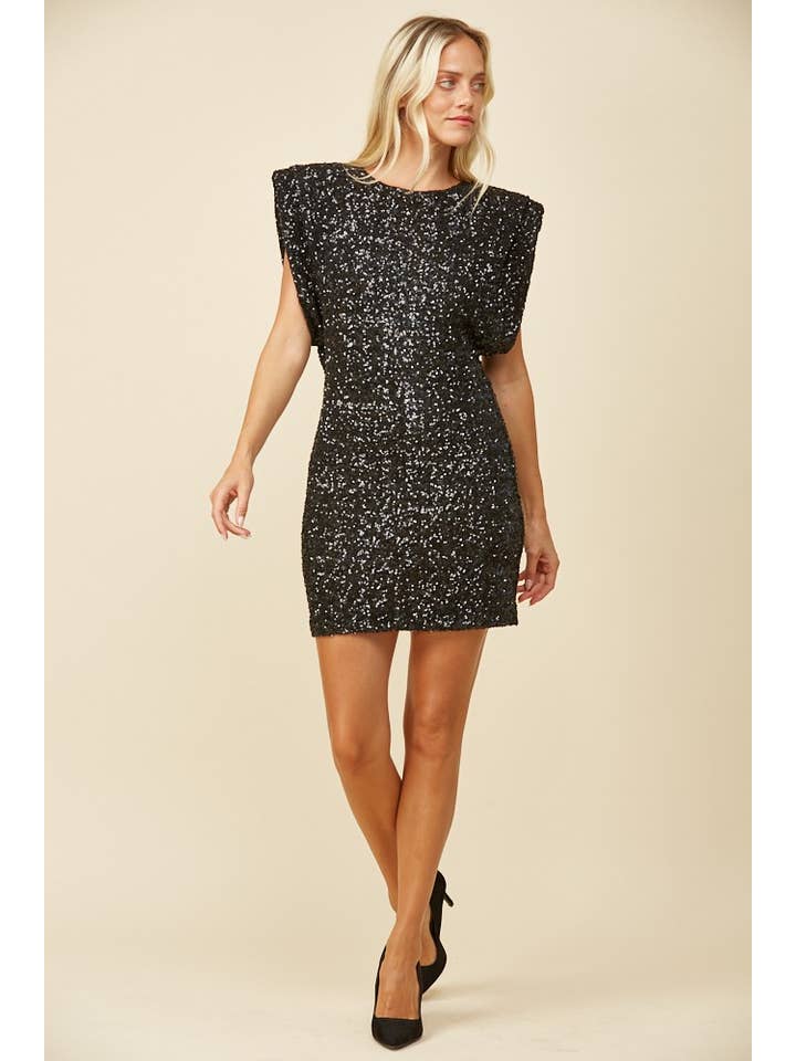WISTERIA LANE – Großhandel Kleid – Damen – MINIKLEID MIT PAILLETTEN UND SCHULTERPOLSTERN 3147DIA SCHWARZ