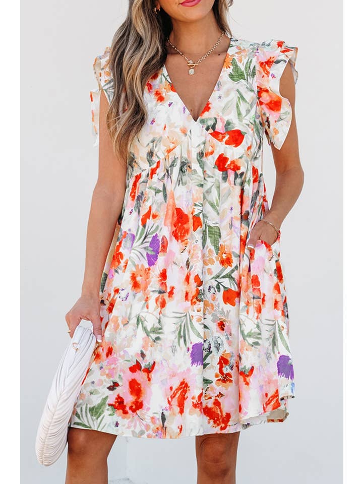Pink LDC Floral Double Ruffle Sleeve V Neck High Waist Mini Dress for wholesale on Faire