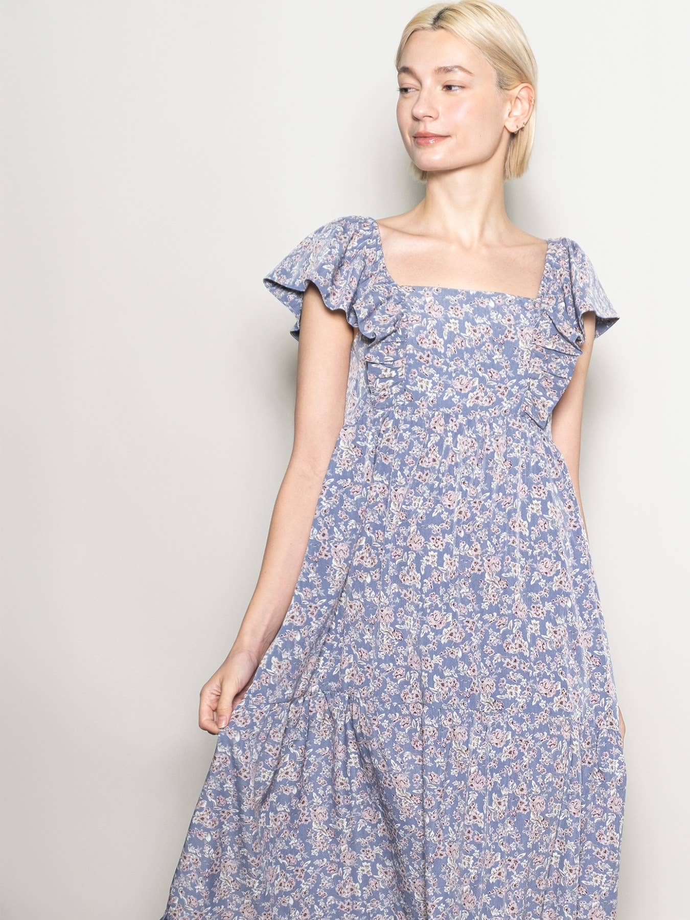 Elloh Collection - Wholesale Dress - Women's - On Off Shoulder Ruffle Sleeve Wide Flare Tiered Maxi Dress2